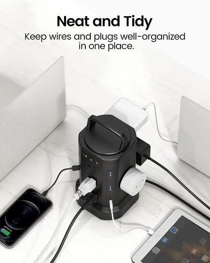 Power Strip Surge Protector Tower 12 AC Outlets 6 USB Charging Station 6.5Ft Extension Cord Black